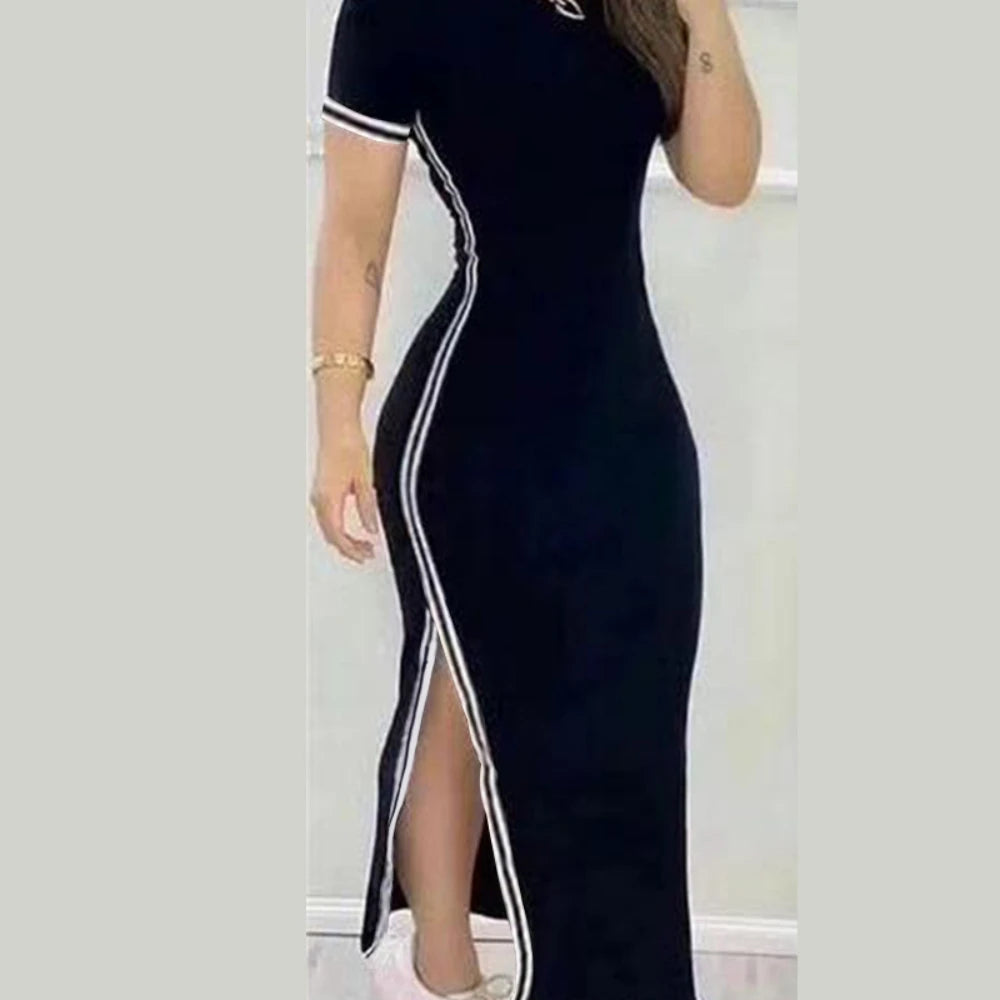 Women's Round Neck and Side Split Short Sleeves Dress