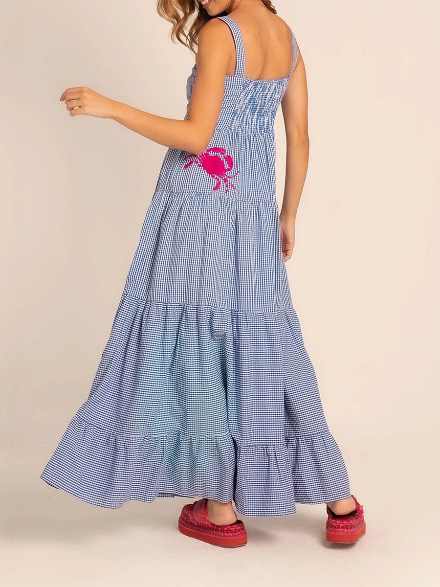 Imcute Women Cute Embroidered Maxi Dress Beach Dress Summer Boho Ruffle Long Dress Spaghetti Strap Flowy Maxi Dress