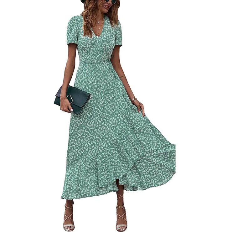 2025 Summer Women's Short-sleeved Dress V-neck Floral High Waist Slim and Stylish Bohemian Pleated Long Skirt