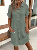 Women's Casual Elegant Loose Dresses with Turn-down Collar and Summer Solid Short Sleeve Shirt