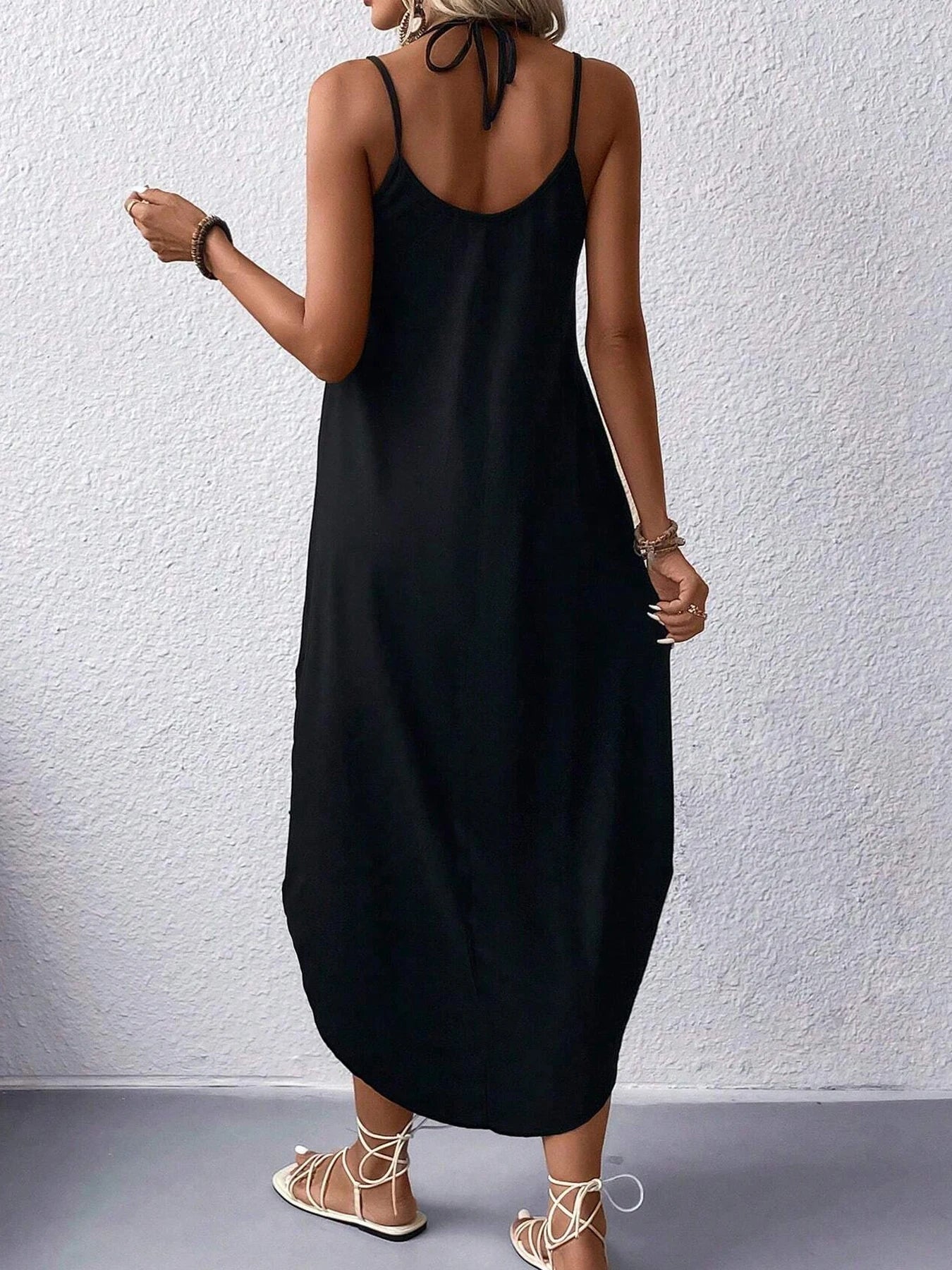 Geometry Curvy Hem Cami Dress, Sexy Sleeveless Spaghetti Strap Loose Maxi Dress, Women's Clothing