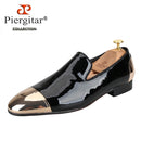 Piergitar Black/White Patent Leather Slip-On Slippers For Party Customised Front And Rear Metal Buckles Handmade Men's Loafers