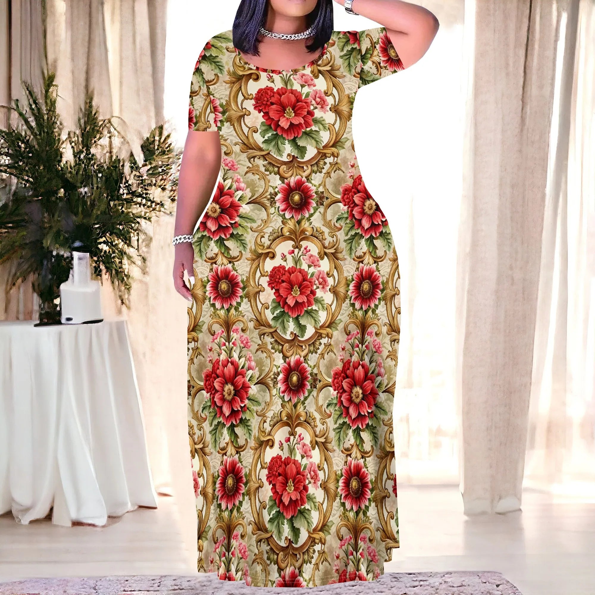 Plus Size Floral Vintage Print Maxi Dress for Women Summer Short Sleeve Elegant Party Outfit