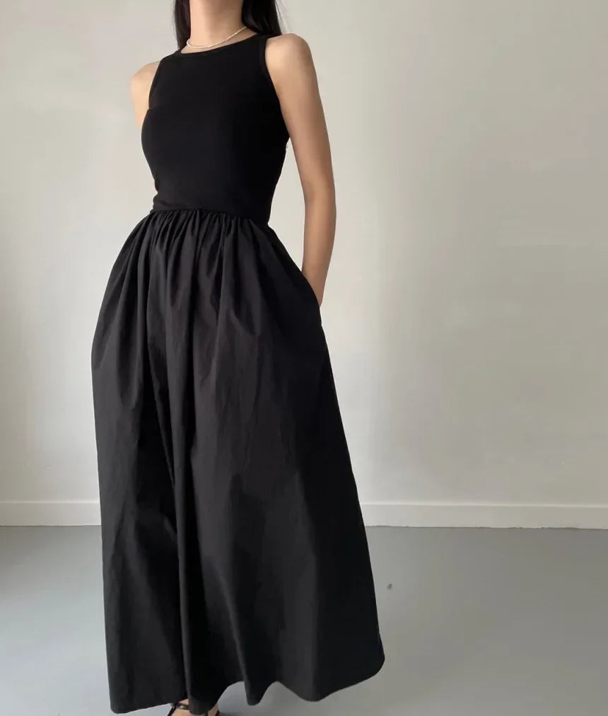 Simple Elegant Long Black Dresses For Woman Round Neck Sleeveless Low Waist