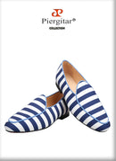 Piergitar 2022 New Arrival Blue And White Stripes Canvas Men Loafers For Party And Prom Handmade Male Slip-On Flats Red Bottom