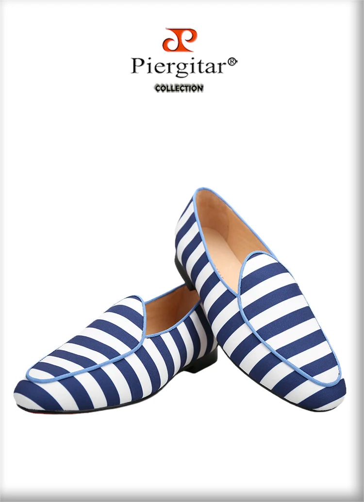 Piergitar 2022 New Arrival Blue And White Stripes Canvas Men Loafers For Party And Prom Handmade Male Slip-On Flats Red Bottom