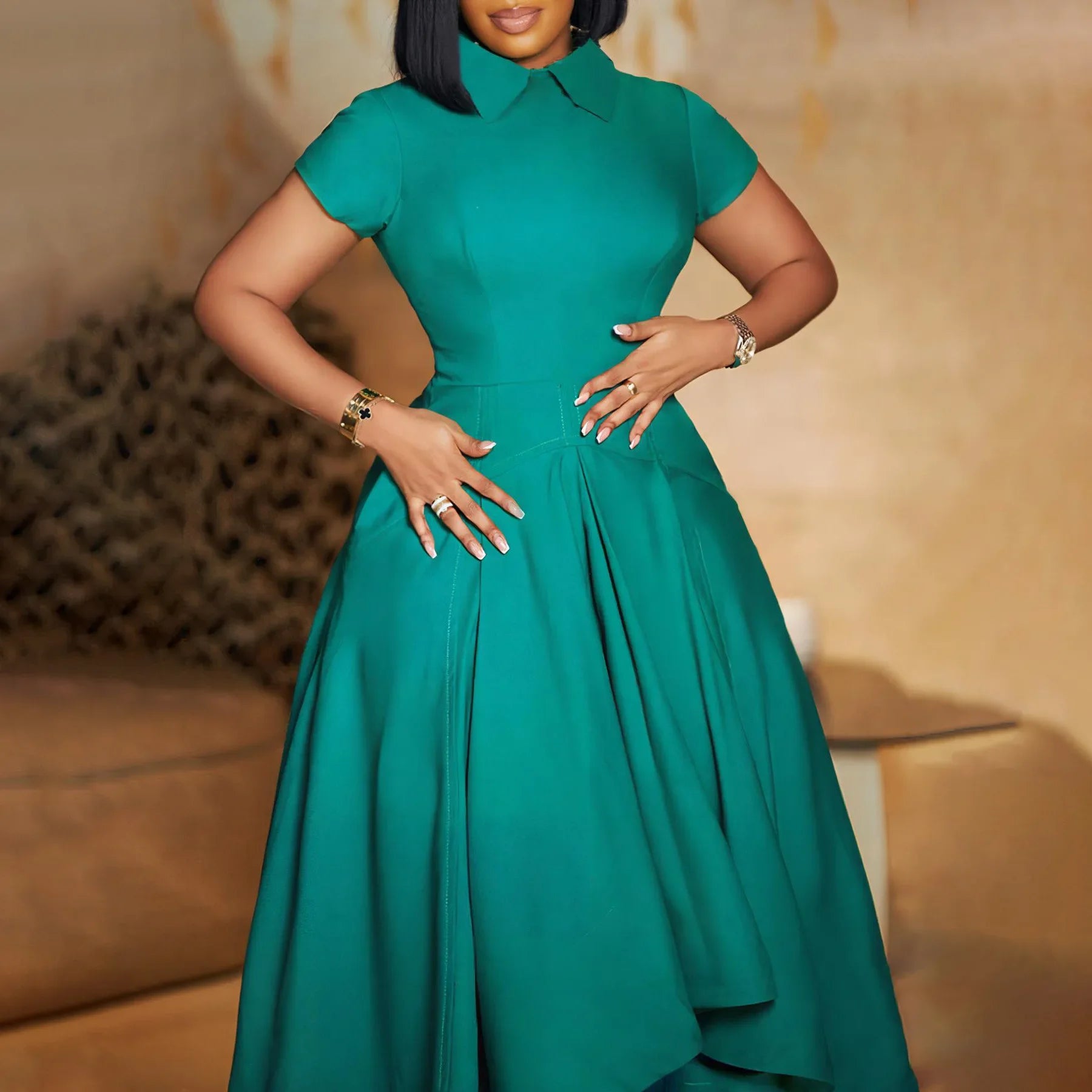 Women's Pleated Short Sleeves length Gown