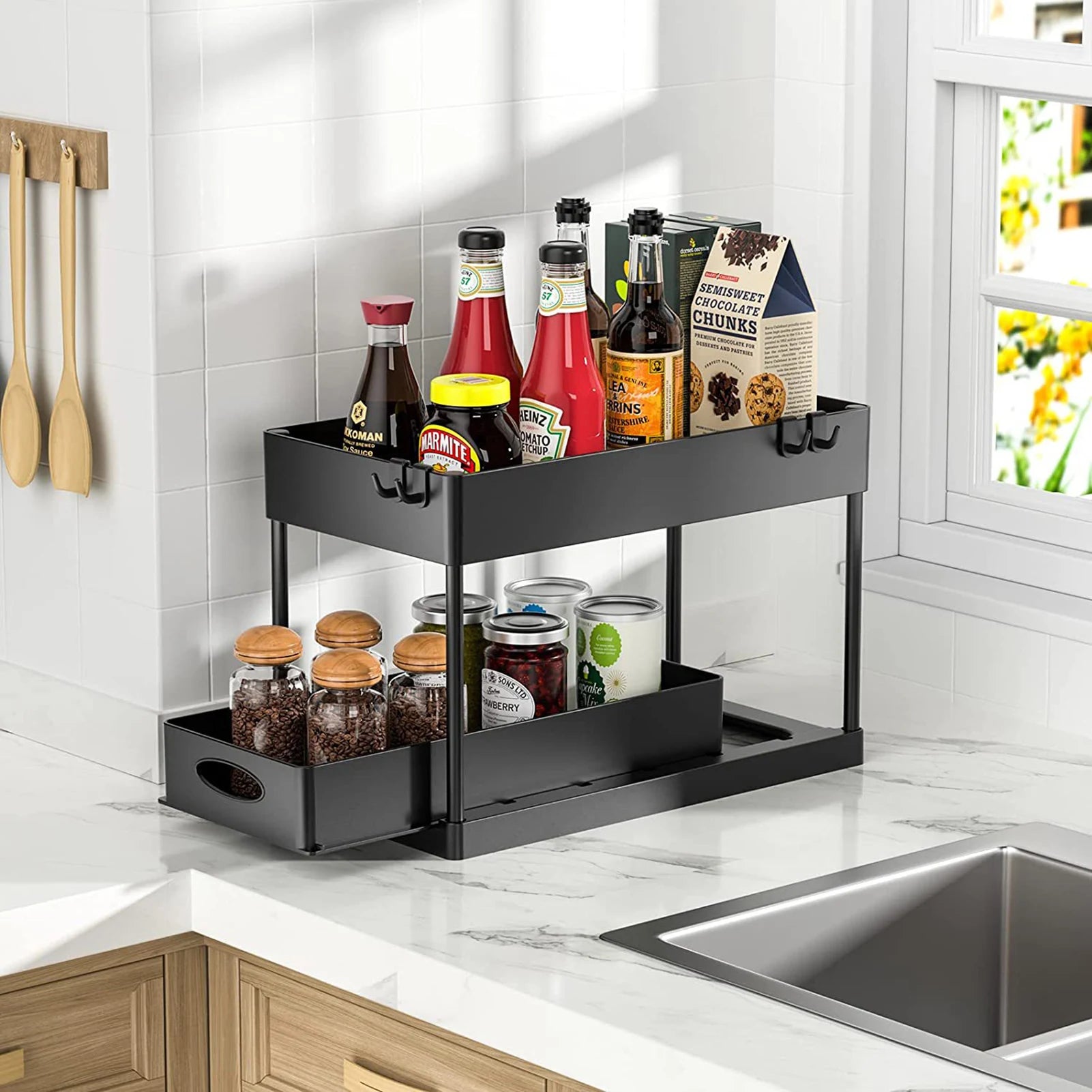 BathroomUnder Sink Sliding Drawers Shelves Black Cabinet Rack