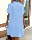 Summer Simple V-neck Button Up Dress Woman Cotton Linen White Short Sleeved Pocket Casual Solid Loose Shirt Mini Dress 2025