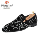 Piergitar Black Velvet And Octodandelion Strass Loafers Luxury Brand Same Design Red Bottom Handmade Crystals Men's Moccasins