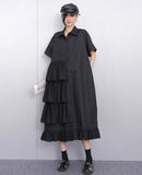 Ruffle Decoration New 2025 Summer Korean Style Woman Black Shirt Dress Loose Fit Chic Big Size Casual Holiday Dress Robe JKXD002