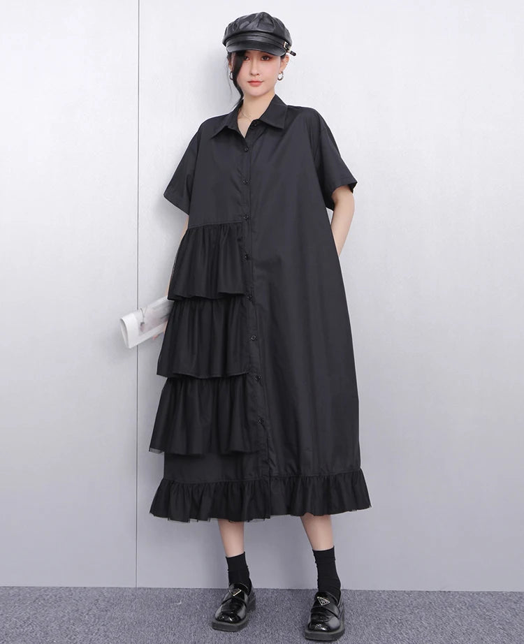 Ruffle Decoration New 2025 Summer Korean Style Woman Black Shirt Dress Loose Fit Chic Big Size Casual Holiday Dress Robe JKXD002