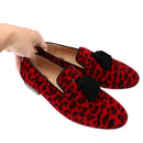 Piergitar Red And Black Animalier-Printed Superior Velvet Slippers With Handmade Silk Fringed Tassels Slip-On Men's Loafers