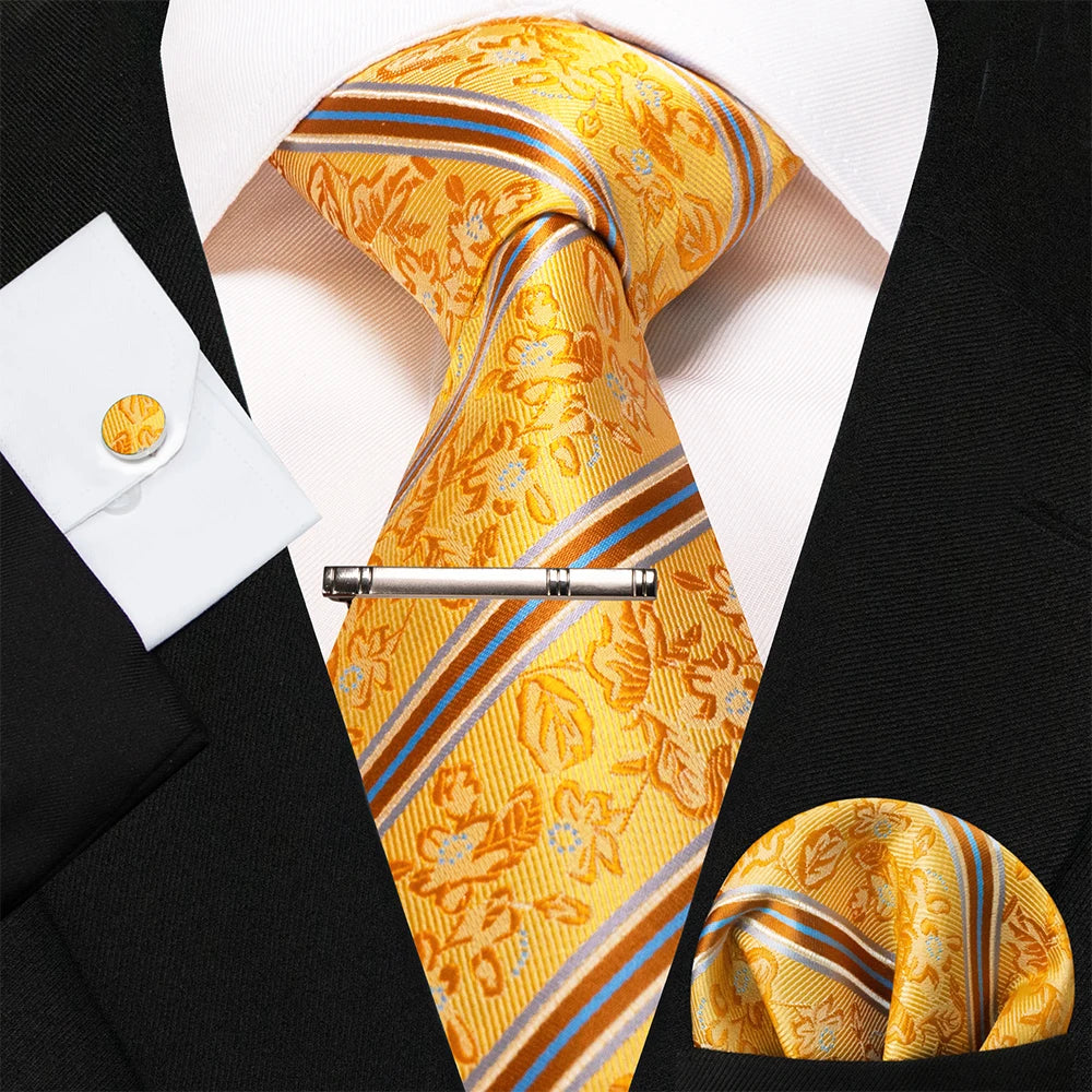 JEMYGINS Fashion Men Tie Luxury Yellow Gold Striped Plaid Silk Wedding Tie For Men Hanky Cufflink Tie Set Bussiness Party Gift