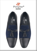 Piergitar 2023SS Navy Suede And Black Calfskin Leather Slippers With Handmade Tassels Italian Design Classic Men's Loafers