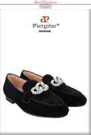 Piergitar Black Velvet Slippers With Matching Gros-grin Piping And Chain-Shaped Allover Crystals Handmade Slip-On Men's Loafers