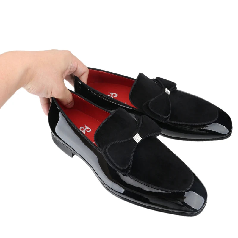 Piergitar Black Patent Leather Patchwork Velvet Men's Loafers Handmade Bow Tie Moccasins British Classic Style Smoking Slippers