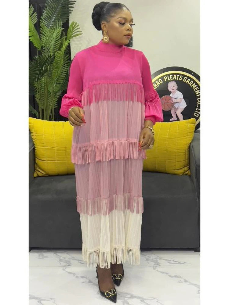 Women's Pleated Puff Sleeve Tassel Dress