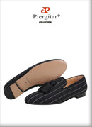 Piergitar 2022 New Striped Design Oxford Fabric Men Slip-On Shoes Handmade Tassel Men's Loafers Classic Male Smoking Slippers