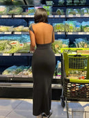 Women's Solid Sexy Backless Maxi Dress Elastic Short Sleeve Long Dresses