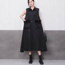 Front Pocket New 2025 Summer Korean Style Woman Black Sleeveless Shirt Dress Loose Fit Chic Holiday Casual Big Size Robe JKXD003