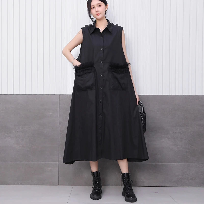 Front Pocket New 2025 Summer Korean Style Woman Black Sleeveless Shirt Dress Loose Fit Chic Holiday Casual Big Size Robe JKXD003