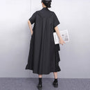 Ruffle Decoration New 2025 Summer Korean Style Woman Black Shirt Dress Loose Fit Chic Big Size Casual Holiday Dress Robe JKXD002
