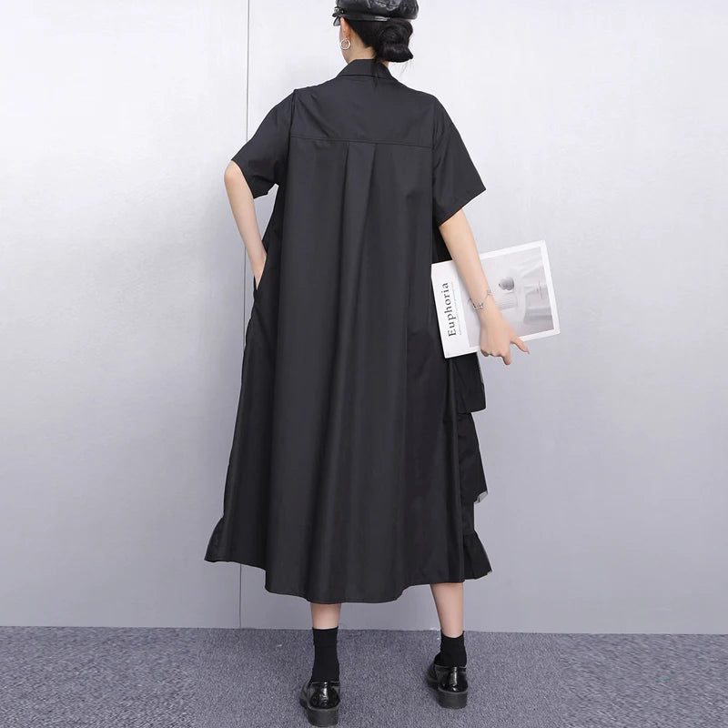 Ruffle Decoration New 2025 Summer Korean Style Woman Black Shirt Dress Loose Fit Chic Big Size Casual Holiday Dress Robe JKXD002