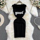 Fashion Y2K Letters Knitted Women Dress Sexy Tank Sleeveless Slim Elastic Bodycon Summer Dress Streetwear Vestidos