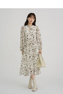 Floral Midi Dress Women Sweet A-Line Long Sleeve Hollow Out Dress Elegant High Waist Casual Long Dress Daily or Vacation Outfits