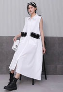 Front Pocket New 2025 Summer Korean Style Woman Black Sleeveless Shirt Dress Loose Fit Chic Holiday Casual Big Size Robe JKXD003