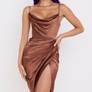 Satin Drawstring Spaghetti Strap Backless Dresses