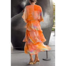 2025 Summer New Elegant Women's Chiffon Dress Fashionable Printed V-neck Short-sleeved Layered Ruffle Loose Lace-up Long Skirt