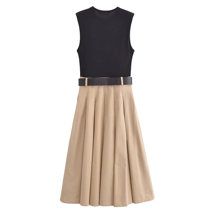 2025 Woman Dresses Belt pleated Midi Dress Sleeveless