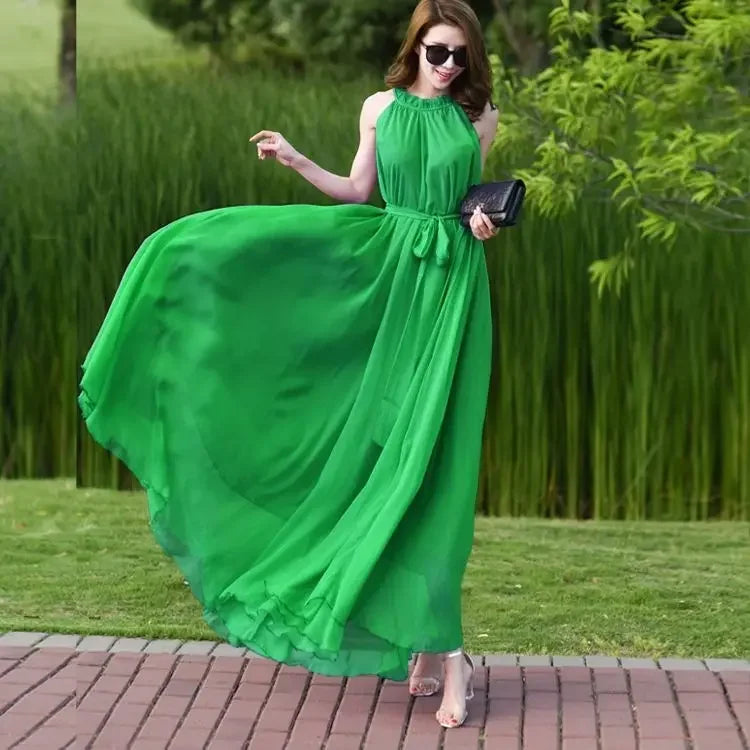 Sleeveless Chiffon Maxi Satin Long Silk Dress