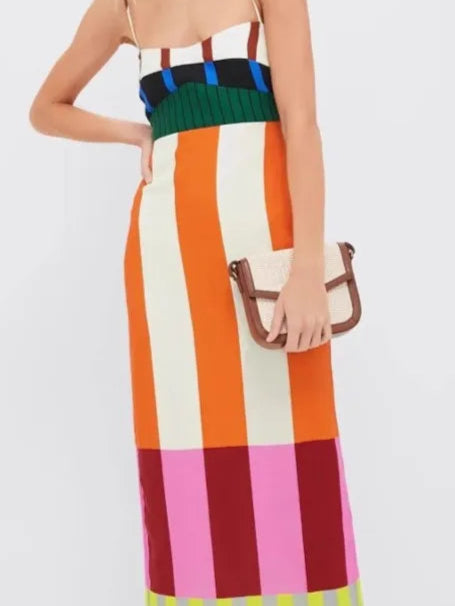 Women's Long Striped Colorful Spaghetti Strap Maxi Dress