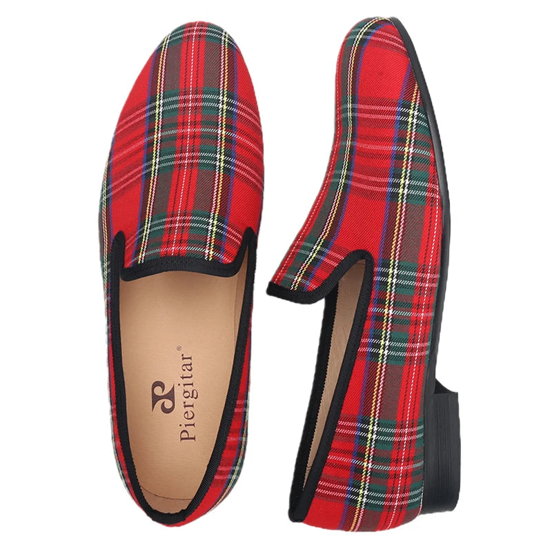 Piergitar 2023 New Red And Green Classic Scottish Plaid Men's Loafers For Party Handmade Slip-On Moccasins Leather Insole