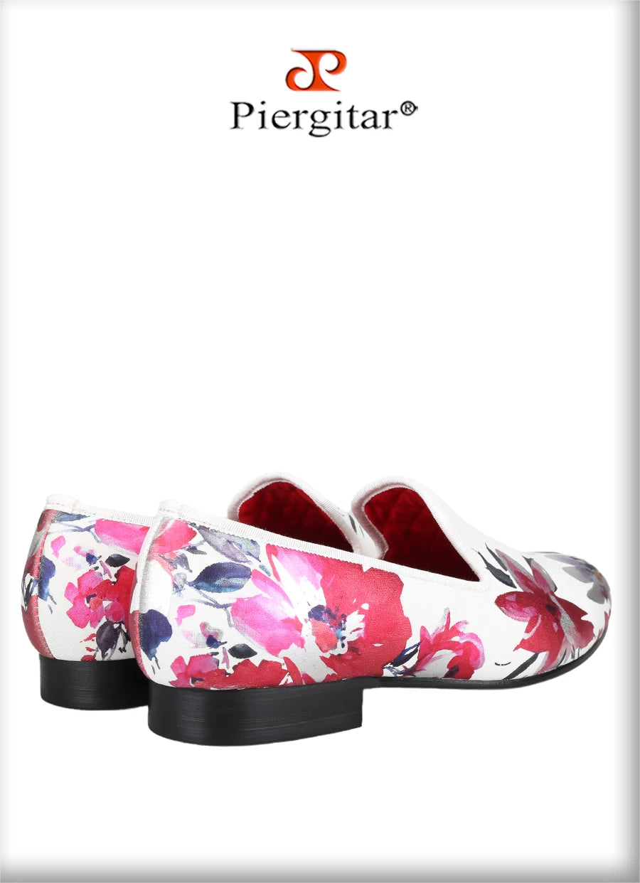Piergitar White Color Fabric Of China Oil Painting Style Men's Loafers For Fashion Party And Wedding Handmade Slip-On Flats