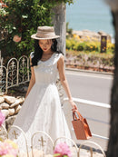 White Bow Jacquard Sundress Women Sweet Summer A-Line Dress with Tie Straps Petite Fit Flowy Midi Dress Cute Vacation Daily Wear