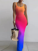 Gradient Printed Long Dress Summer New Women's Fashionable Printed Sexy Sleeveless Suspender Slim Fit Hip Hugging Long Dress