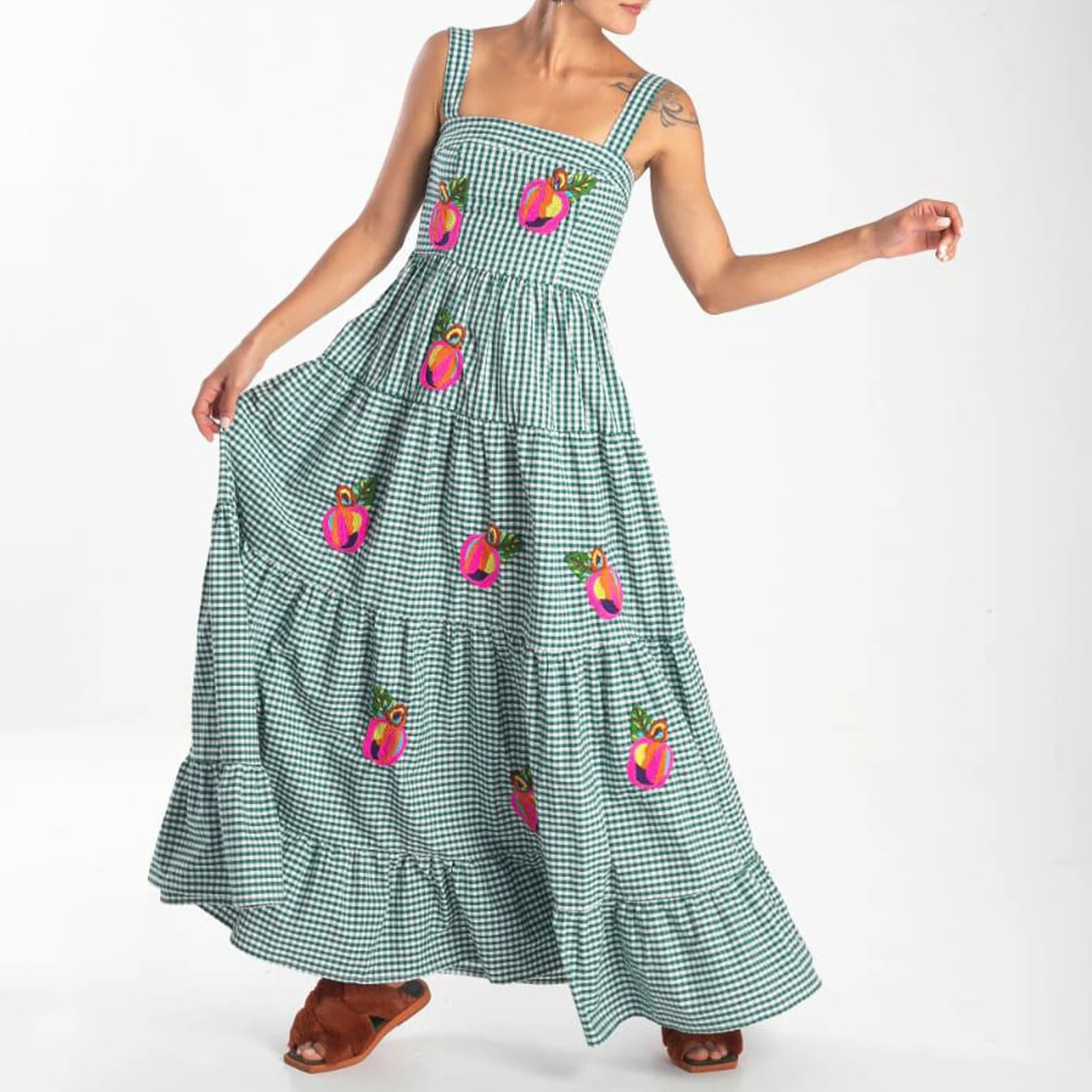 Imcute Women Cute Embroidered Maxi Dress Beach Dress Summer Boho Ruffle Long Dress Spaghetti Strap Flowy Maxi Dress