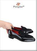 Piergitar Black Patent Leather Patchwork Velvet Men's Loafers Handmade Bow Tie Moccasins British Classic Style Smoking Slippers