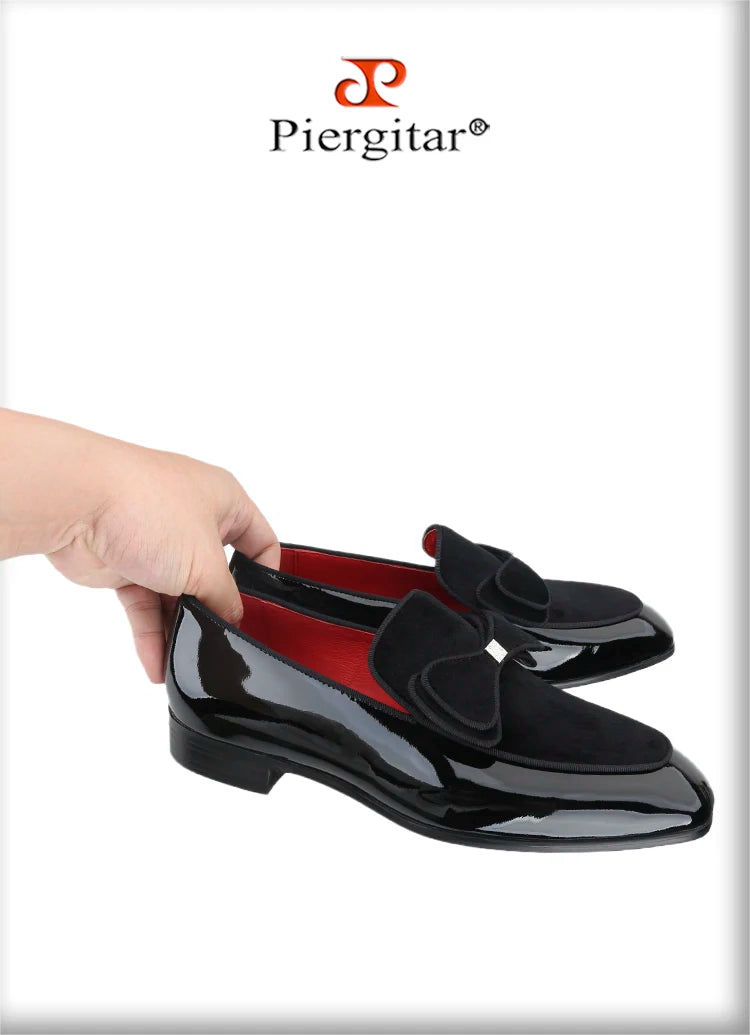 Piergitar Black Patent Leather Patchwork Velvet Men's Loafers Handmade Bow Tie Moccasins British Classic Style Smoking Slippers
