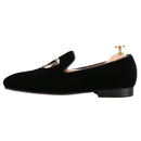 Piergitar Black Velvet Classic Men's Loafers For Fashion Party And Wedding Circle Metal Buckles Slip-On Flats Red Color Outsoles