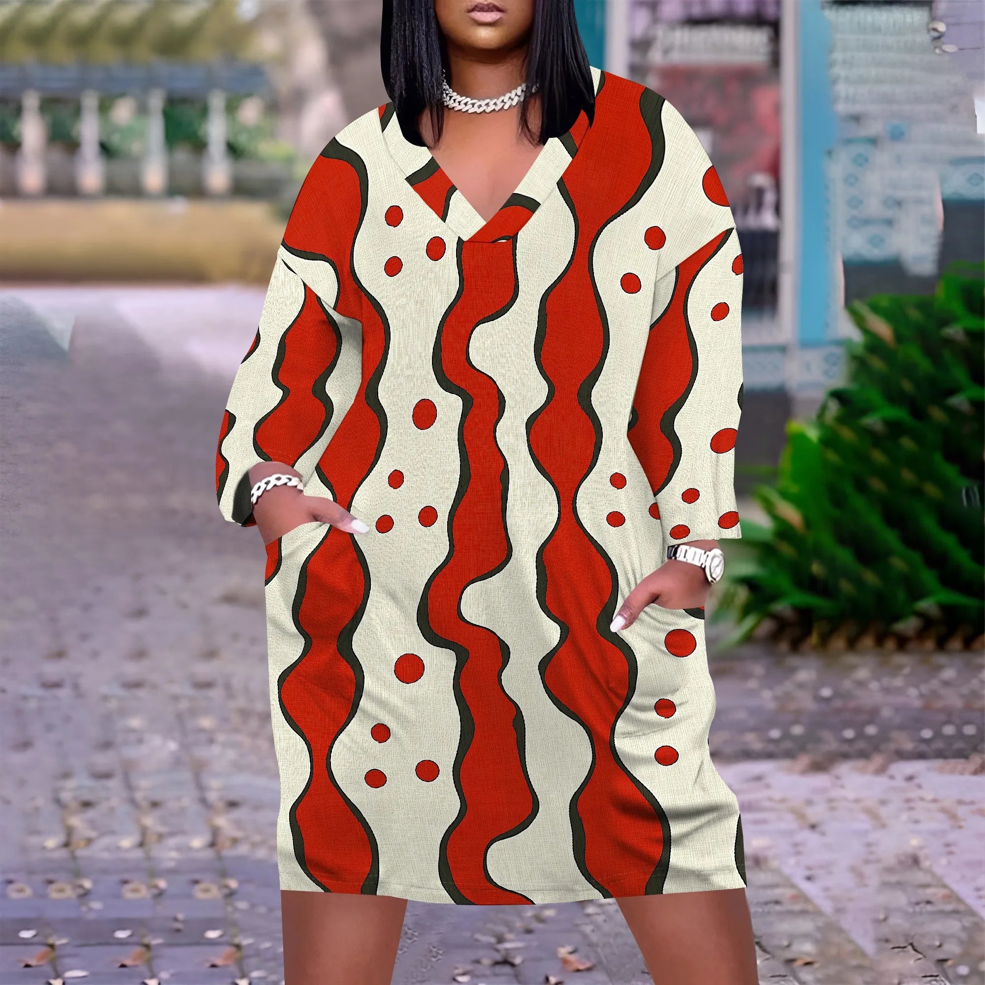 Plus Size Women's Abstract Print Dress XL-6XL, V-Neck Casual Dress for Fun and Bold Look