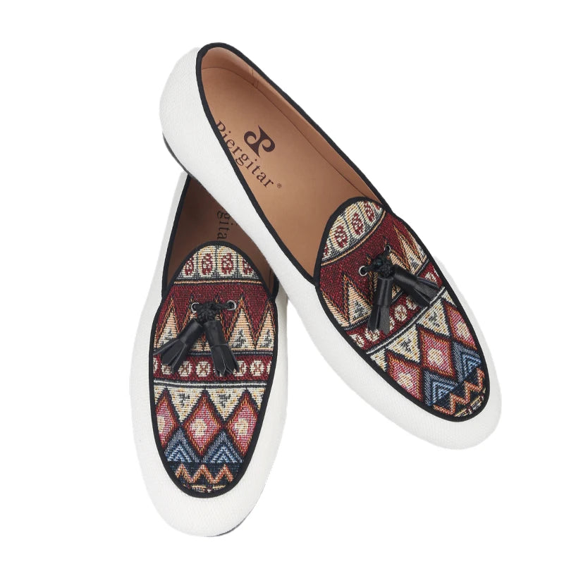 Piergitar Brand 2023 White Cotton Canvas Of Paisley Pattern Men's Loafers Fashion Party Handmade Leahter Tassel Shoes Plus Size