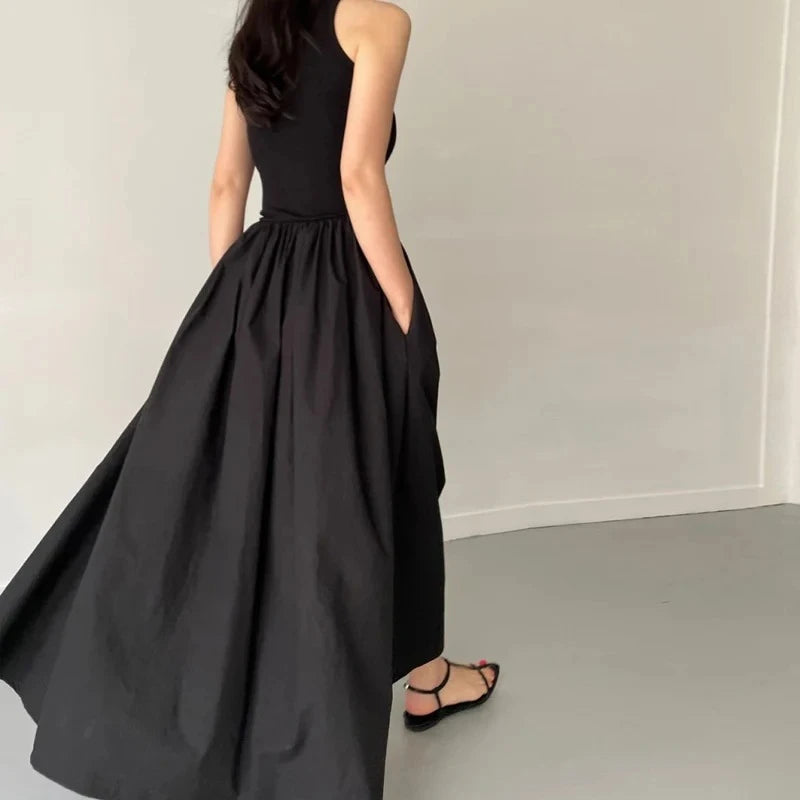 Simple Elegant Long Black Dresses For Woman Round Neck Sleeveless Low Waist