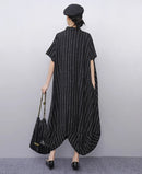New 2025 Summer Woman Short-Sleeve Black Striped Shirt Dress Loose Fit Chic Big Size Casual Holiday Irregular Large Robe JKXD017
