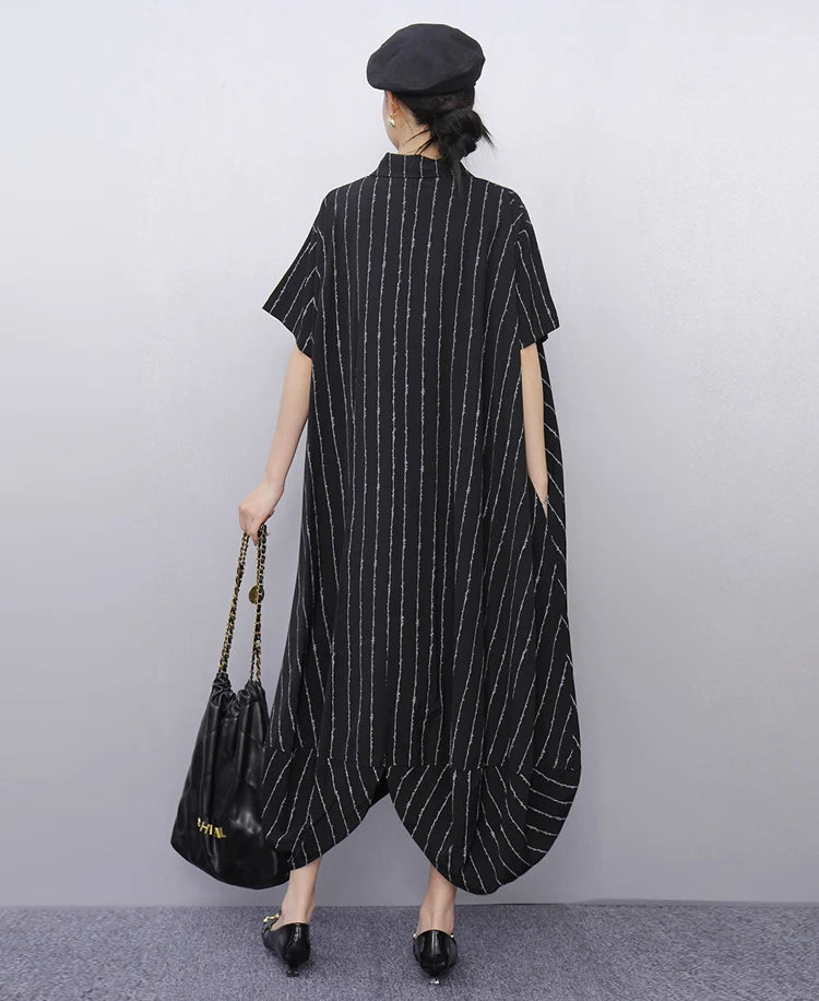 New 2025 Summer Woman Short-Sleeve Black Striped Shirt Dress Loose Fit Chic Big Size Casual Holiday Irregular Large Robe JKXD017