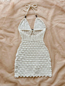 Soleia Summer Sexy V-Neck Hollow-Out Wooden Beads Fitted Dress, Vacation Spaghetti Strap Backless Ombre Knitted Dress, Suitable